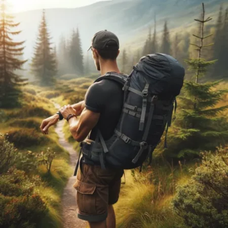 Un randonneur en pleine nature ajustant les sangles de son sac à dos sur un sentier, illustrant l'importance d'un bon réglage pour le confort et l'efficacité.