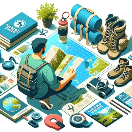 Une personne en train de planifier un voyage de randonnée guidée, examinant une carte et lisant des brochures entourée d'équipements de randonnée comme un sac à dos, des chaussures de randonnée, et une gourde.