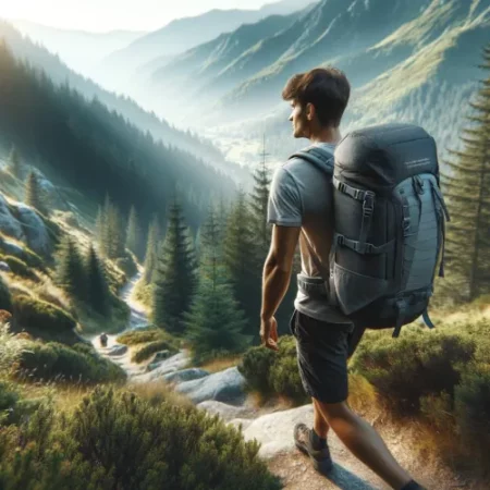 Un randonneur avec un sac à dos léger de 30 litres sur un sentier pittoresque en pleine nature.