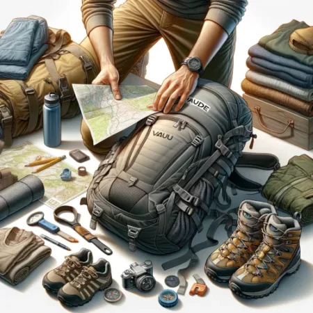 Une personne organisant un sac à dos Vaude avec divers équipements de randonnée, illustrant la polyvalence et les caractéristiques du sac.