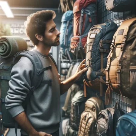Un randonneur examinant attentivement différents sacs à dos de randonnée dans un magasin spécialisé.