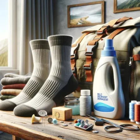 Chaussettes de randonnée avec des articles d'entretien et de maintenance, incluant un flacon de détergent doux, un kit de couture pour les réparations, et un sac de rangement.