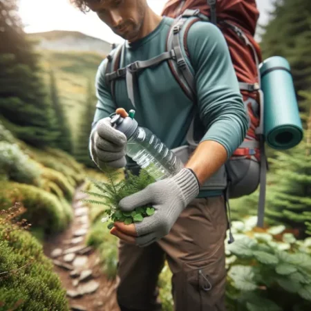 Un randonneur pratiquant la randonnée écoresponsable avec un sac à dos Deuter Futura Pro 40, utilisant une bouteille d'eau réutilisable et respectant les sentiers naturels.