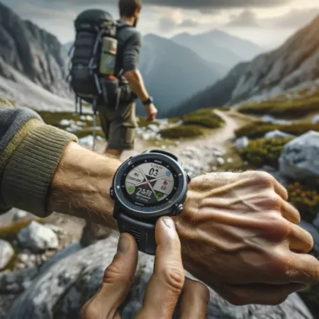 Randonneur consultant sa montre GPS Garmin dans un terrain montagneux, affichant une carte et des informations de suivi.