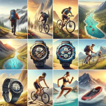 Différentes activités de plein air associées à des types spécifiques de montres GPS : un randonneur en montagne, un cycliste sur un sentier, un nageur dans une piscine, un alpiniste et un coureur, chacun avec une montre GPS adaptée.