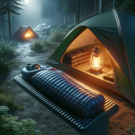 Camping nocturne avec un sac de couchage dans une tente, un tapis thermique en dessous et une bouillotte à l'intérieur pour conserver la chaleur.