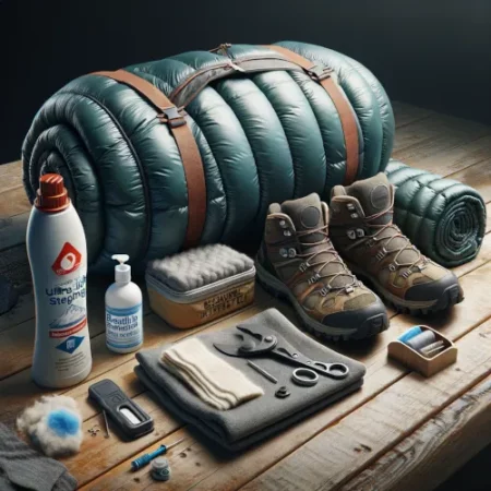 Sac de couchage ultra-léger pour la randonnée avec accessoires pour l'entretien et le stockage, incluant un sac de rangement aéré, un flacon de détergent doux et un kit de réparation.
