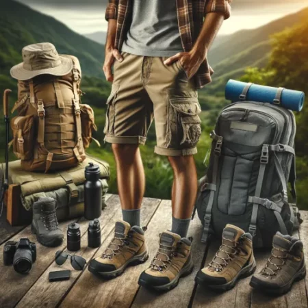 Tenue de randonnée pour homme, centrée sur l'intégration du short de randonnée avec d'autres équipements de trek, incluant des chaussures de randonnée, un sac à dos et des accessoires tels qu'un chapeau, des lunettes de soleil et une gourde.
