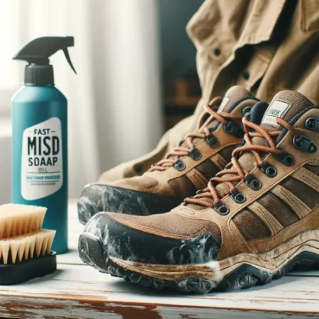 Chaussures de fast-hiking en cours de nettoyage et d'entretien