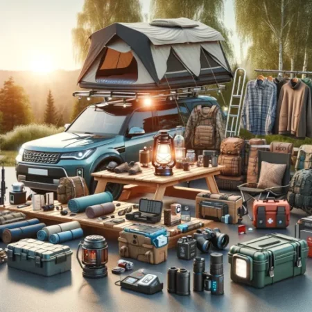 Accessoires essentiels pour le camping en voiture, incluant sac de couchage, réchaud, lanterne, batterie externe, trousse de premiers secours, chaises, glacière, jumelles, systèmes de rangement, et kit de survie.