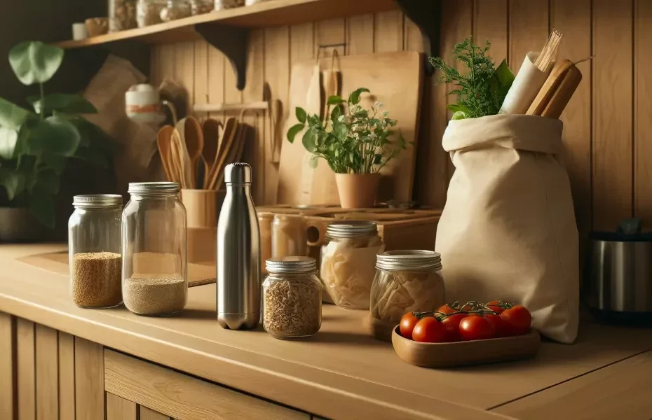 Image d’une cuisine minimaliste avec des produits zéro déchet et sans plastique