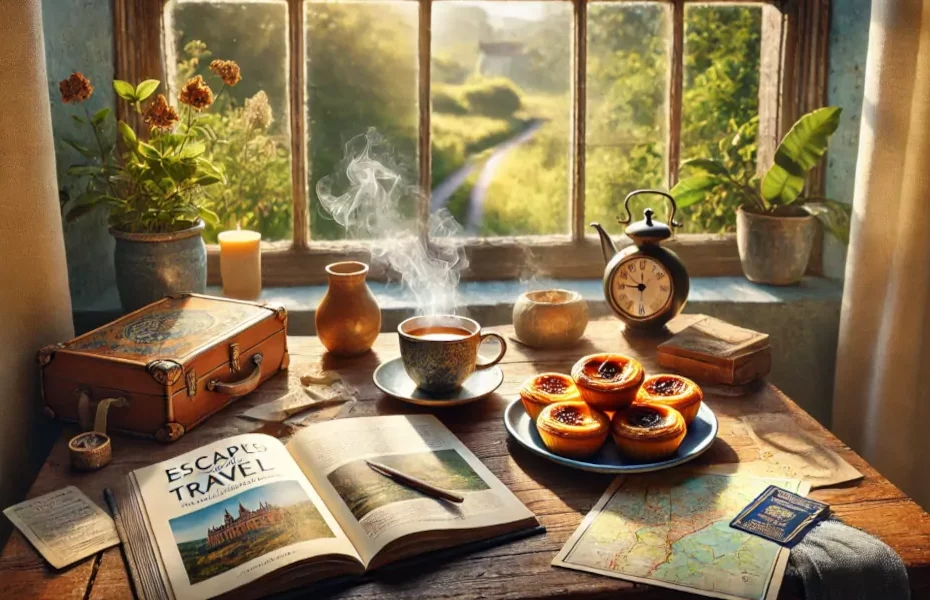 Une table rustique avec un livre de voyage ouvert, une tasse de thé et des pastéis de nata près d’une fenêtre ensoleillée.