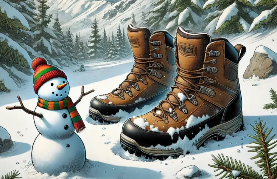 Dessin BD détaillé de chaussures de randonnée neige avec un bonhomme de neige curieux dans un paysage hivernal.