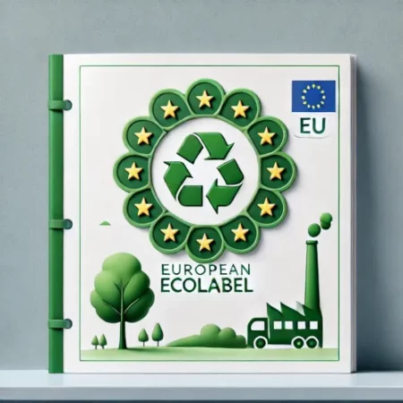 Illustration réaliste du label Ecolabel avec une fleur verte et des étoiles européennes, en arrière-plan une usine et un arbre minimalistes.