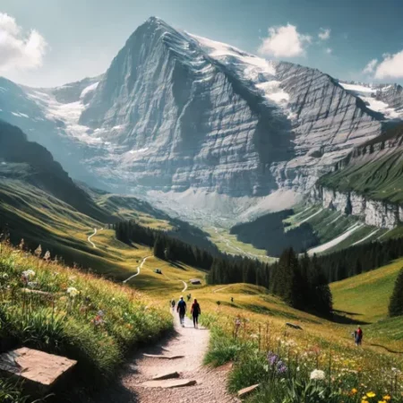 Vue panoramique du Sentier de l'Eiger avec des montagnes imposantes et des prairies alpines, un incontournable pour la randonnée en Europe.