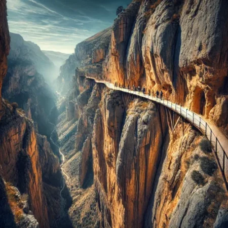 Vue spectaculaire du Caminito del Rey, une randonnée en Europe avec un sentier suspendu le long des falaises en Espagne.