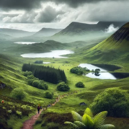 Vue pittoresque du West Highland Way, une randonnée emblématique en Europe dans les Highlands écossais avec des collines verdoyantes et des lochs.