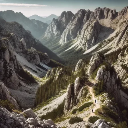 Vue sauvage de la Via Dinarica, une randonnée en Europe avec des montagnes rocheuses et des forêts denses dans les Balkans.