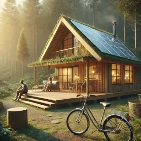 Cabane écoresponsable avec vélo et voiture électrique dans la nature