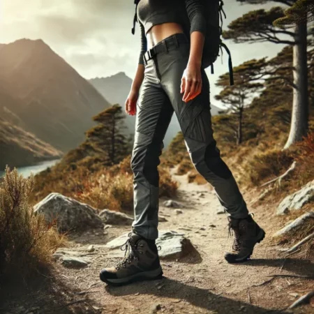 Une femme randonneuse marchant librement avec un pantalon de randonnée offrant une coupe confortable et ajustée, sur un sentier naturel.