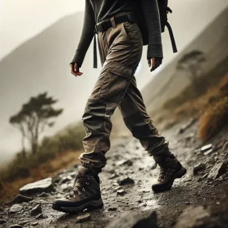 Une randonneuse en pantalon fonctionnel, adaptée aux conditions froides ou pluvieuses, marchant dans un environnement naturel.