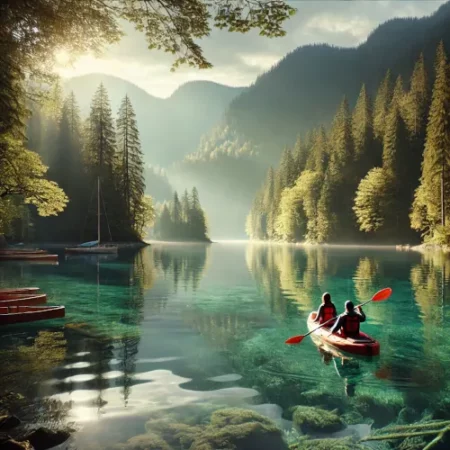 Touristes en kayak sur un lac entouré de forêt, pratiquant une activité écotouristique