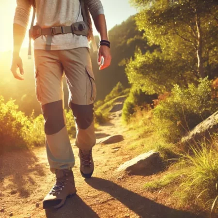 Un randonneur marchant sous un soleil d'été, portant un pantalon léger et confortable adapté à la chaleur.