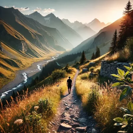 Randonneur solitaire marchant sur un ancien sentier de montagne au cœur d'une nature sauvage et préservée