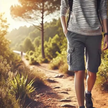 Une randonneuse portant un short de randonnée, marchant sur un sentier estival.