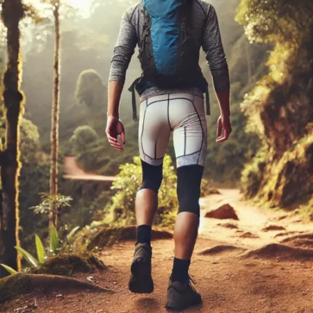 Une randonneuse portant des sous-vêtements techniques, marchant sur un sentier de randonnée.