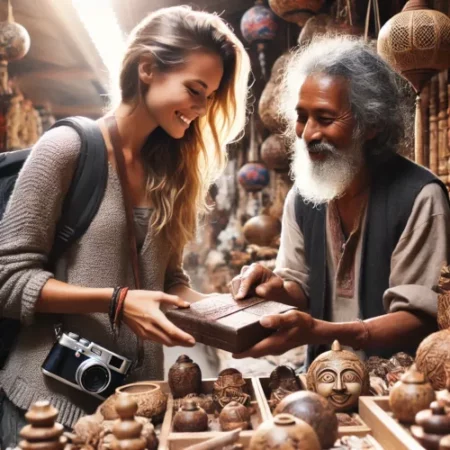 Touristes achetant des produits artisanaux auprès d'artisans locaux dans un village