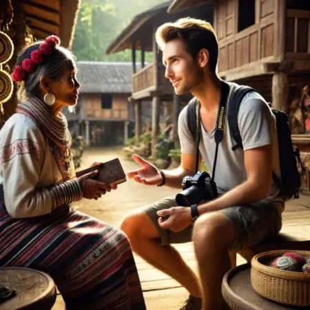 Touriste écoutant un habitant dans un village traditionnel pour s'immerger dans la culture locale