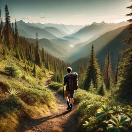 Randonneur respectueux de la nature sur un sentier de montagne, illustrant l’écotourisme