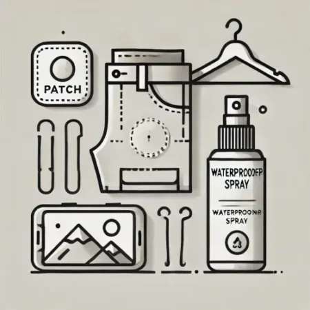 Une illustration épurée des outils pour l'entretien des pantalons de randonnée, comprenant un patch, un spray imperméabilisant et un cintre.