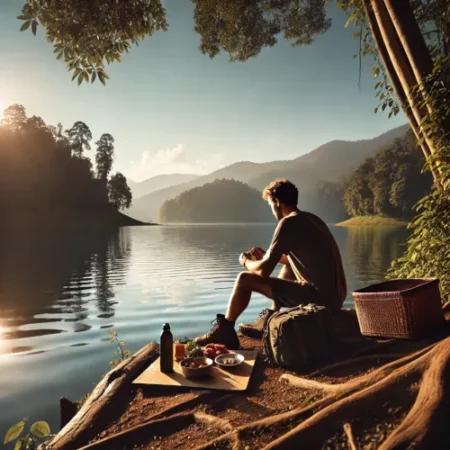 Randonneur savourant un pique-nique improvisé au bord d'un lac paisible, entouré par la beauté naturelle des montagnes et des forêts.