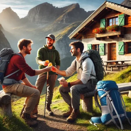 Groupe de randonneurs partageant un moment convivial devant un refuge de montagne, symbolisant les rencontres et liens créés en randonnée.