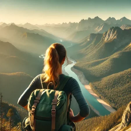 Randonneur au sommet d'une montagne contemplant un vaste paysage naturel, symbolisant la nouvelle façon de voyager offerte par la randonnée