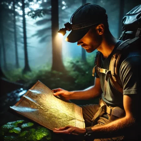 Randonneur utilisant une lampe frontale pour lire une carte pendant le crépuscule.