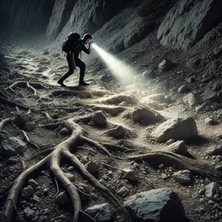 Randonneur seul de nuit sur un sentier rocailleux, utilisant une lampe frontale faible, peinant à distinguer les obstacles.