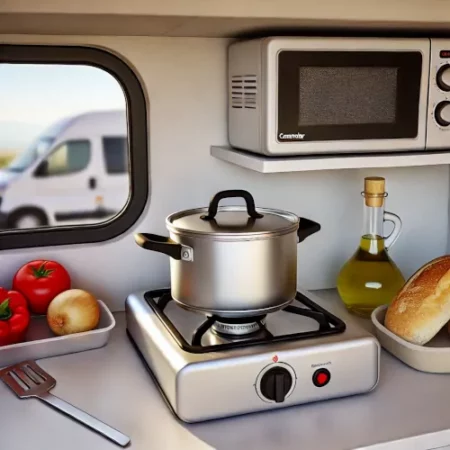 Cuisine compacte dans un camping-car avec réchaud à gaz, micro-ondes et ustensiles de base