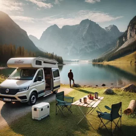 Camping-car stationné près d'un lac avec des montagnes en arrière-plan, idéal pour un road-trip