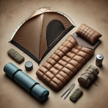 Tente, sac de couchage et matelas compact pour bivouac ou camping en randonnée vélo