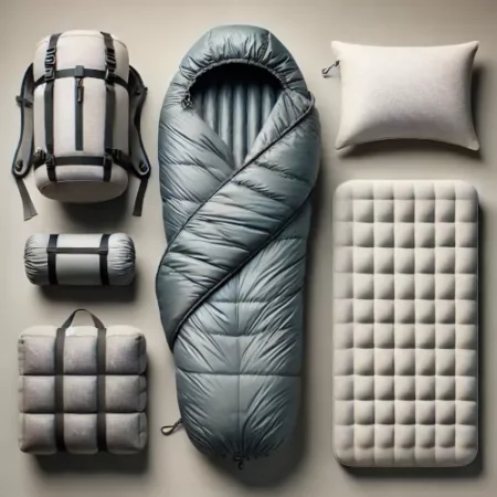 Sac de couchage, oreiller gonflable et matelas pour un bivouac confortable