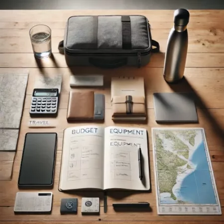 Table de planification de voyage avec un carnet, un smartphone, une carte et des billets en euros