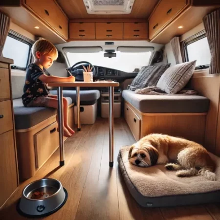 Intérieur de camping-car avec enfant et chien, adapté pour les voyages en famille