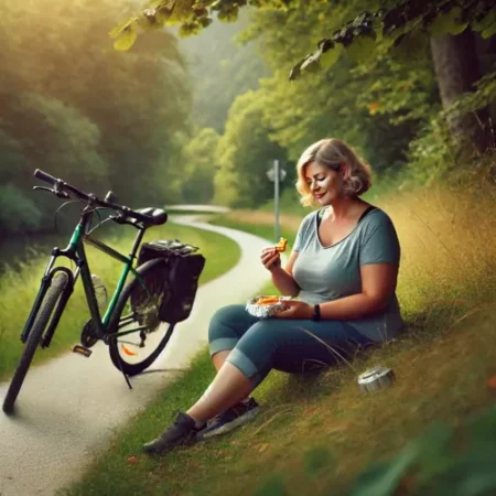 Cycliste prenant une pause sur un banc ou dans l'herbe le long d'un sentier de randonnée