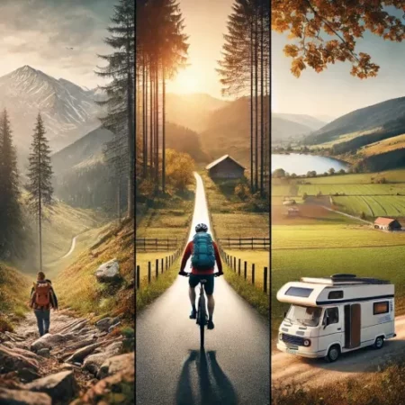 Triptyque montrant trois types de voyage itinérant : randonnée, voyage à vélo et vanlife