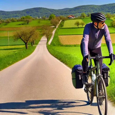 Cycliste sur une route de campagne, illustrant les avantages et défis du voyage à vélo