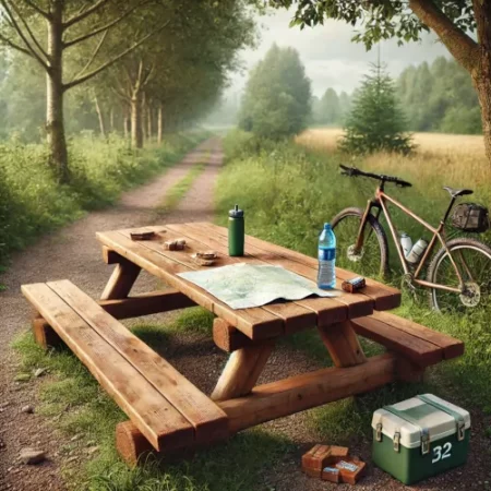 Table de pique-nique avec bouteille d'eau, carte et encas pour pause en randonnée vélo