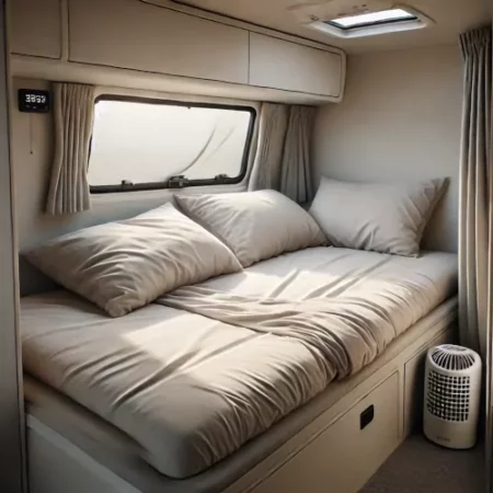 Espace de couchage confortable dans un camping-car avec matelas, oreiller, ventilateur et fenêtre ouverte